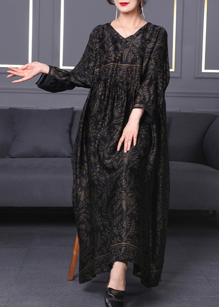 Casual Black O-Neck Print Silk Maxi Dress Long Sleeve