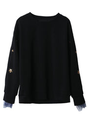 Casual Black O Neck Sequins Patchwork Cotton Sweatshirt Long Sleeve