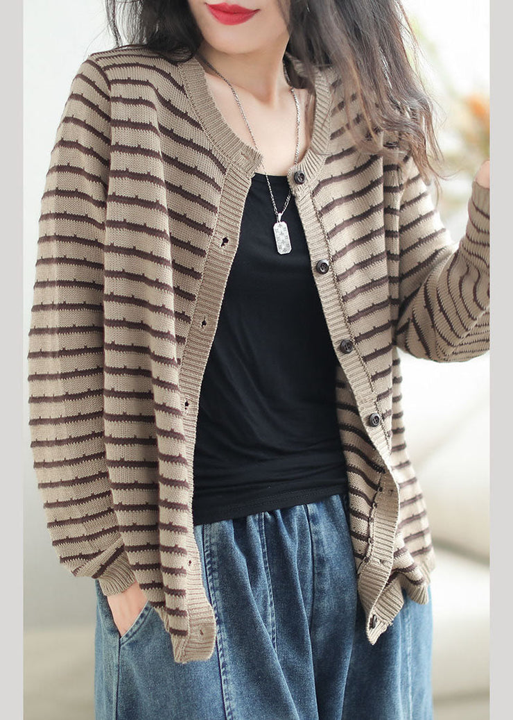 Casual Black O-Neck Striped Patchwork Button Cozy Cotton Knit Sweaters Coats Fall