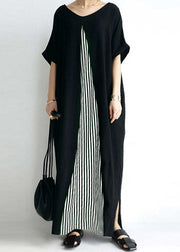 Casual Black O-Neck Striped Patchwork Cozy Maxi Dress Short Sleeve