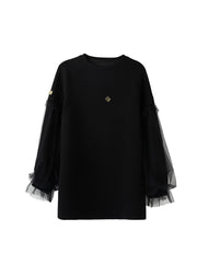 Casual Black O Neck Tulle Patchwork Cotton Sweatshirts Top Fall