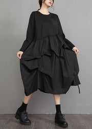 Casual Black O-Neck Wrinkled Patchwork Maxi Lantern Dresses Long Sleeve