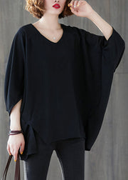 Casual Black Oversized Asymmetrical Side Open Cotton Tops Batwing Sleeve