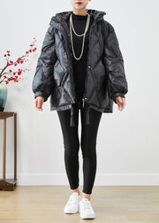 Casual Black Oversized Drawstring Fine Cotton Filled Witner Jacket