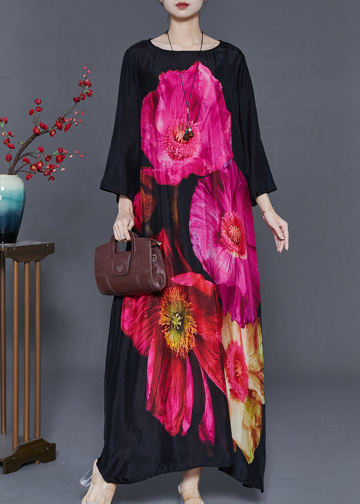 Casual Black Oversized Floral Print Cotton Holiday Dress Summer