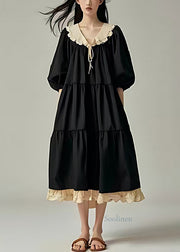 Casual Black Oversized Patchwork Cotton Vacation Dresses Lantern Sleeve