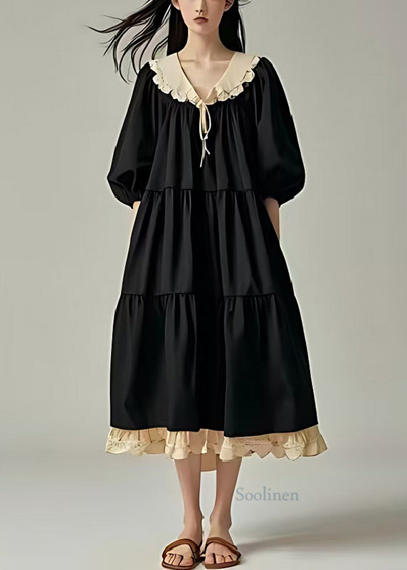 Casual Black Oversized Patchwork Cotton Vacation Dresses Lantern Sleeve