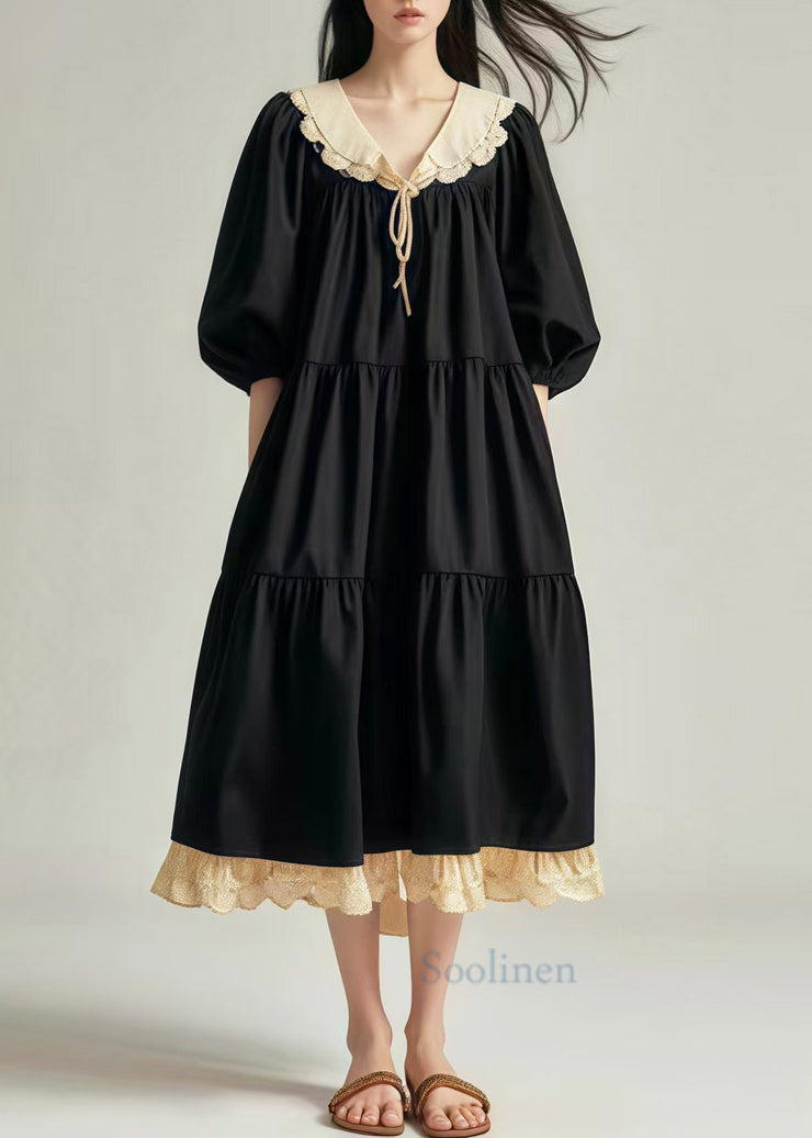 Casual Black Oversized Patchwork Cotton Vacation Dresses Lantern Sleeve