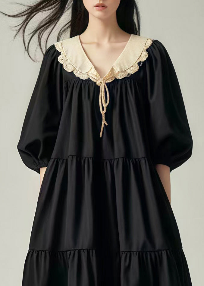 Casual Black Oversized Patchwork Cotton Vacation Dresses Lantern Sleeve