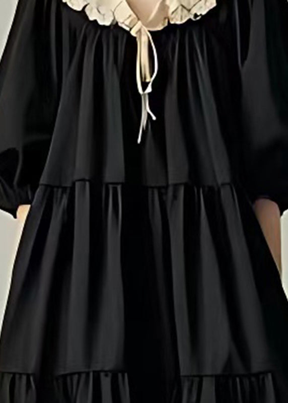 Casual Black Oversized Patchwork Cotton Vacation Dresses Lantern Sleeve