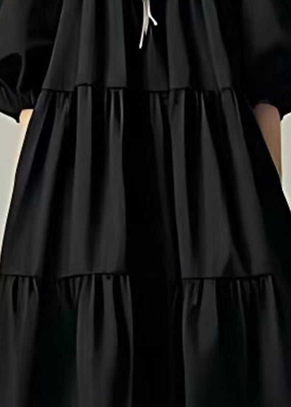 Casual Black Oversized Patchwork Cotton Vacation Dresses Lantern Sleeve