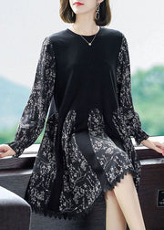 Casual Black Oversized Patchwork Print Chiffon Robe Dresses Spring