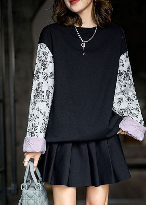 Casual Black Oversized Patchwork Print Cotton Loose Sweatshirts Top Winter