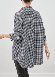 Casual Black Oversized Plaid Spandex Blouse Top Fall