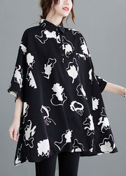 Casual Black Oversized Print Chiffon Long Shirt Half Sleeve