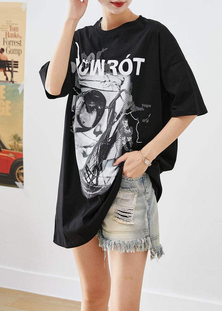 Casual Black Oversized Print Cotton Tank Top Summer