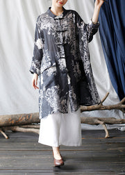 Casual Black Oversized Print Linen Oriental Cardigan Spring