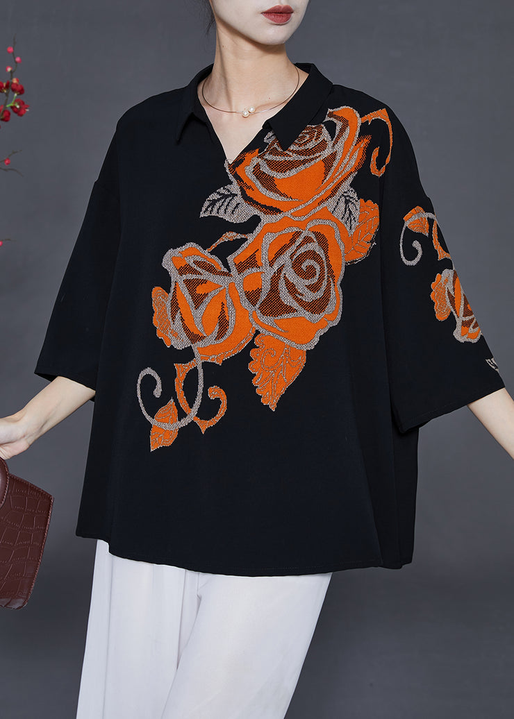 Casual Black Oversized Print Silk Shirts Bracelet Sleeve