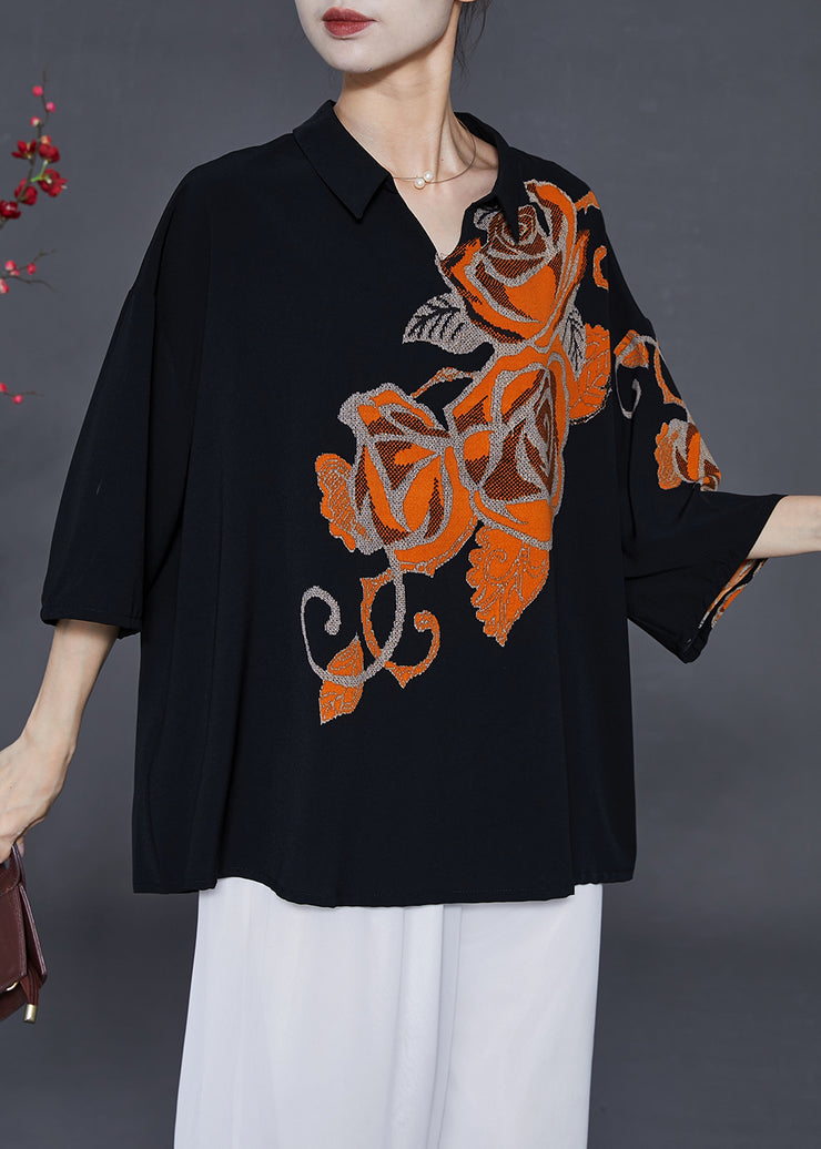 Casual Black Oversized Print Silk Shirts Bracelet Sleeve