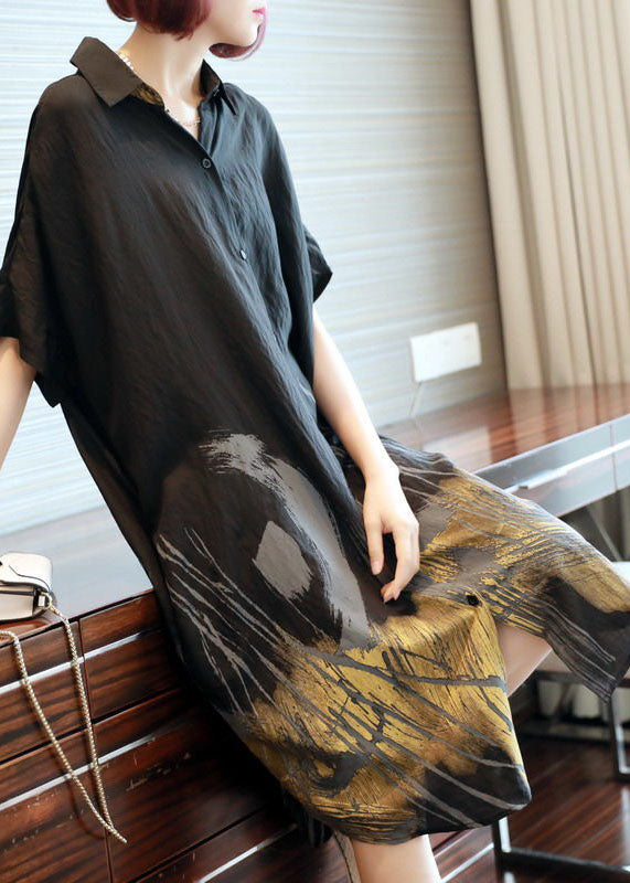 Casual Black Oversized Tie Dye Cotton Long Dress Summer