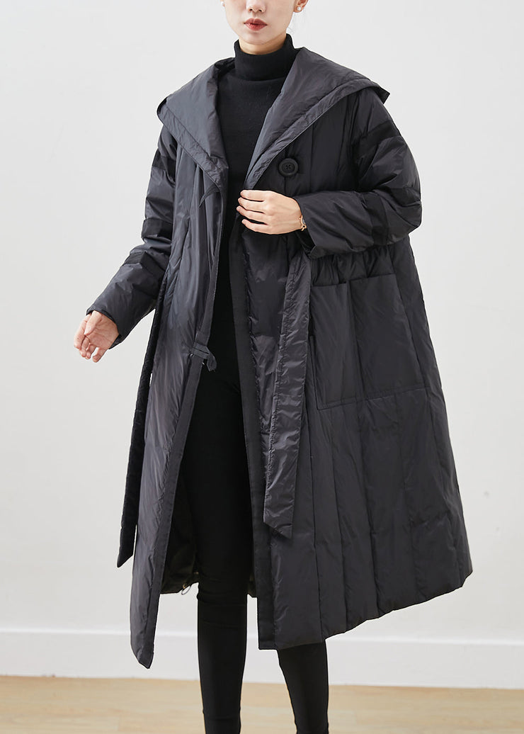 Casual Black Oversized Tie Waist Duck Down Down Coats Winter