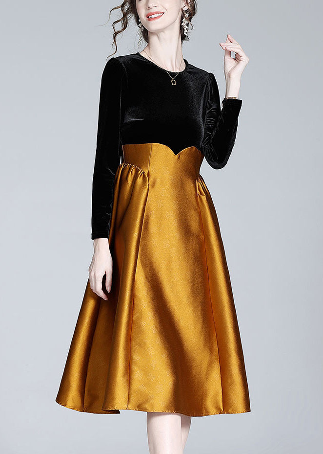 Casual Black Patchwork Orange Velour Long Dress Spring