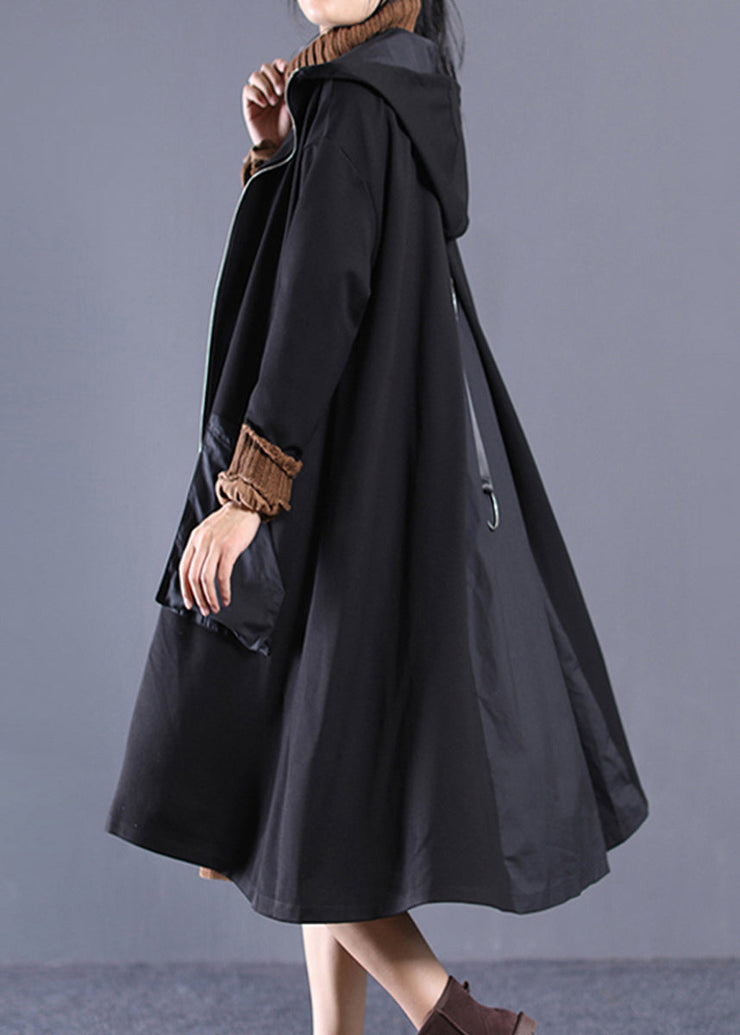 Casual Black Patchwork Zippered Long Hoodie Trench Coat Long Sleeve