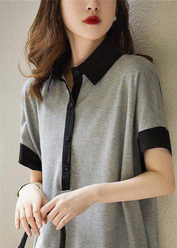 Casual Black Peter Pan Collar Button Cotton Maxi Dresses Short Sleeve