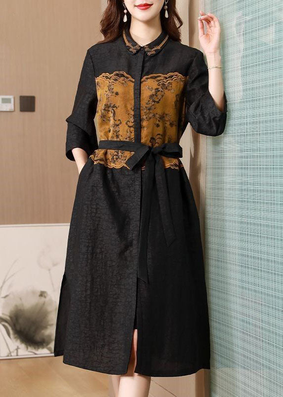 Casual Black Peter Pan Collar Embroidery Patchwork Silk Cinch Trench Spring