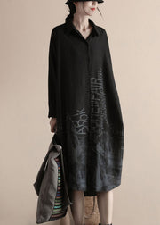 Casual Black Peter Pan Collar Patchwork Linen Shirts Dress Spring