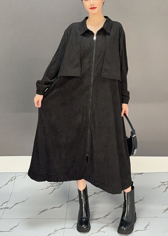 Casual Black Peter Pan Collar Pockets Corduroy Maxi Trench Coats Winter