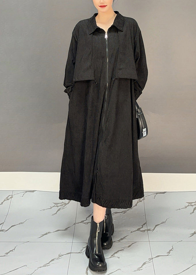 Casual Black Peter Pan Collar Pockets Corduroy Maxi Trench Coats Winter