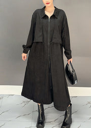 Casual Black Peter Pan Collar Pockets Corduroy Maxi Trench Coats Winter