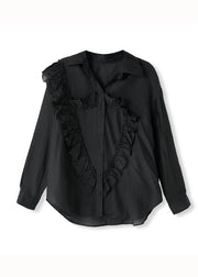 Casual Black Peter Pan Collar Ruffled Patchwork Cotton Shirt Tops Fall