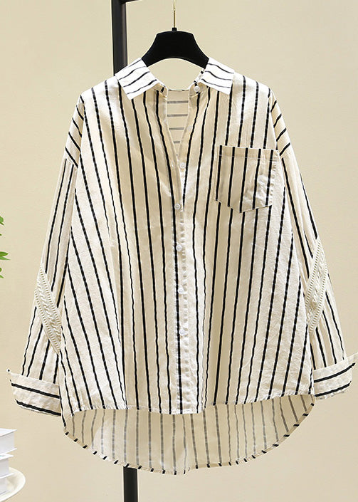 Casual Black Peter Pan Collar Striped Cotton Blouse Top Fall