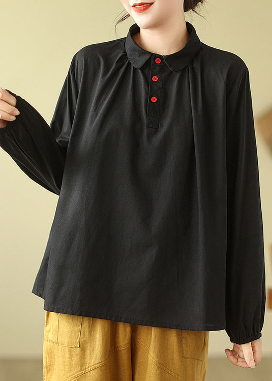 Casual Black Peter Pan Collar Wrinkled Cotton Shirts Fall