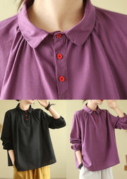 Casual Black Peter Pan Collar Wrinkled Cotton Shirts Fall