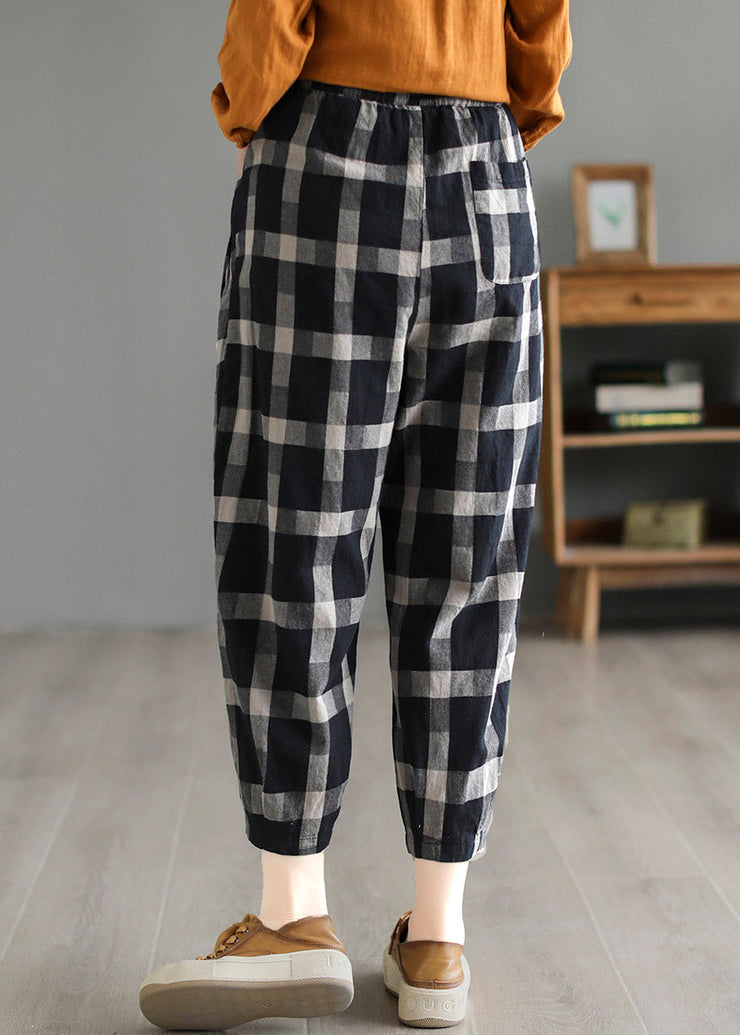 Casual Black Plaid High Waist Linen Crop Pants