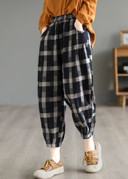 Casual Black Plaid High Waist Linen Crop Pants