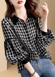 Casual Black Plaid Patchwork Button Shirt Long Sleeve