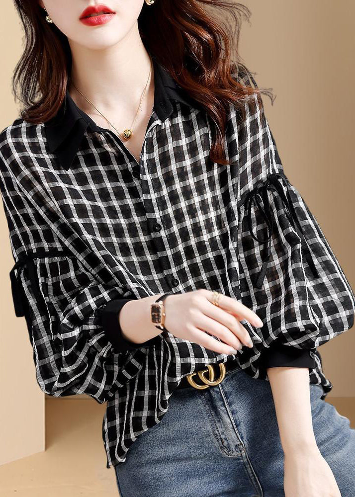 Casual Black Plaid Patchwork Button Shirt Long Sleeve