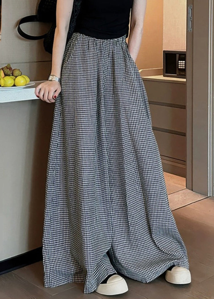 Casual Black Plaid Pockets Elastic Waist Wide Leg Pants