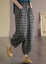 Casual Black Plaid Pockets Patchwork Cotton Lantern  Pants Summer