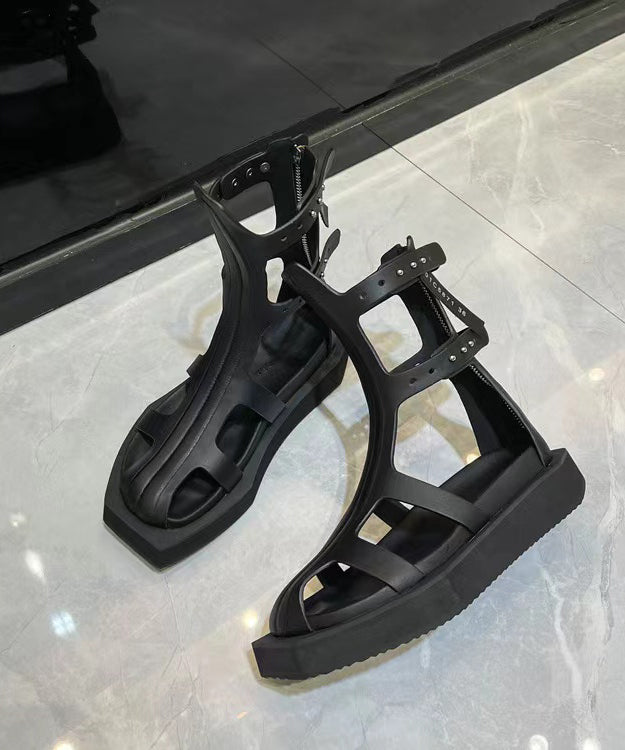 Casual Black Platform Cowhide Leather Hollow Out Water Sandals