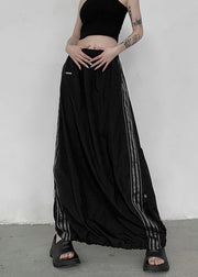 Casual Black Pockets Elastic Waist Patchwork Cotton Maxi Skirts Fall