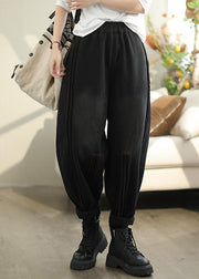 Casual Black Pockets Elastic Waist Warm Fleece Pants Spring