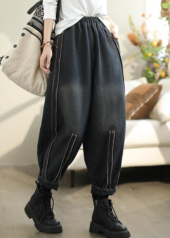 Casual Black Pockets Elastic Waist Warm Fleece Pants Spring