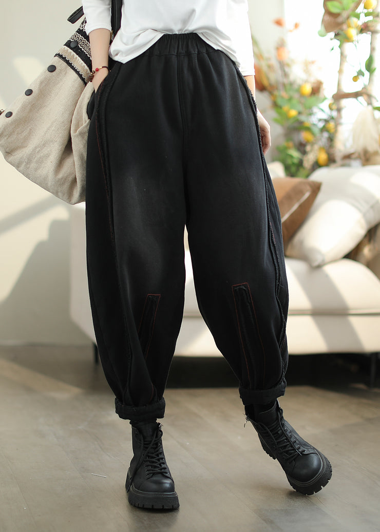 Casual Black Pockets Elastic Waist Warm Fleece Pants Spring