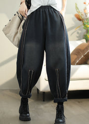 Casual Black Pockets Elastic Waist Warm Fleece Pants Spring