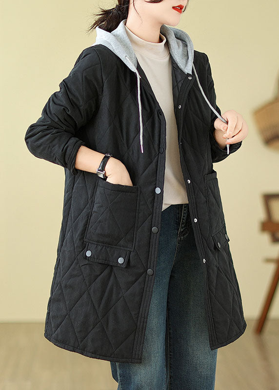 Casual Black Pockets Fine Cotton Filled Hooded Coat Winter